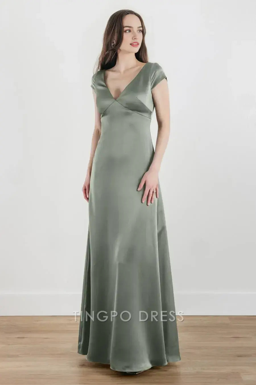 TingPo Wholesale Elegant Sage Green Satin Dress - Deep V - Neck & Short Sleeves Bodycon Fit